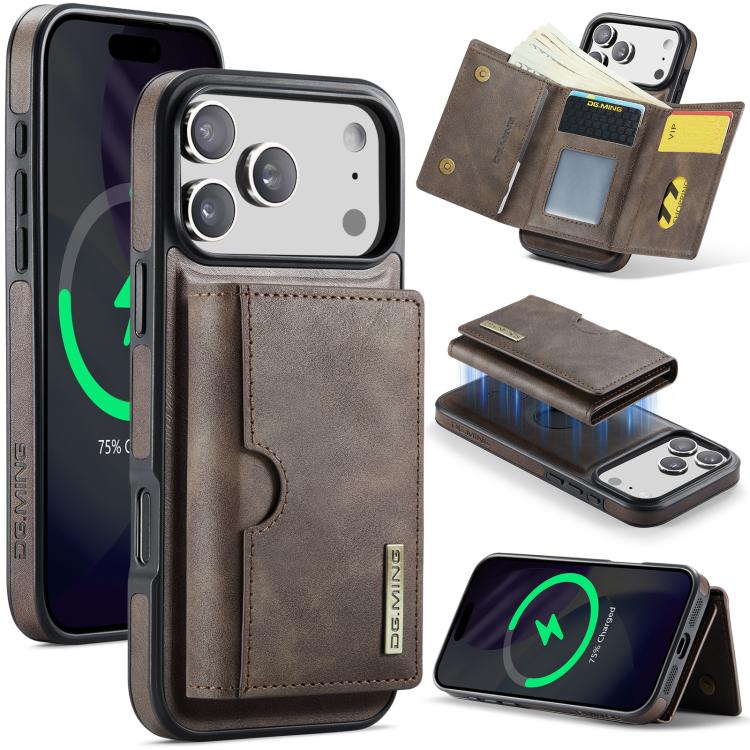DG.MING M6 Series RFID Tri-fold Card Bag Custodia per telefono in pelle rimovibile, For iPhone 17e / 16e, For iPhone 17 Pro Max, For iPhone 17 Pro, For iPhone 17