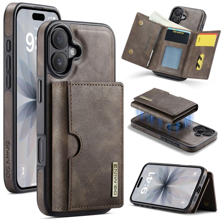 DG.MING M6 Series RFID Tri-fold Card Bag Custodia per telefono in pelle rimovibile, For iPhone 17e / 16e, For iPhone 17 Pro Max, For iPhone 17 Pro, For iPhone 17