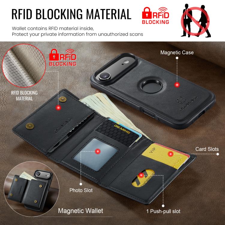 DG.MING M6 Series RFID Tri-fold Card Bag Custodia per telefono in pelle rimovibile, For iPhone Air, For iPhone 16 Pro Max, For iPhone 16 Pro, For iPhone 16 Plus