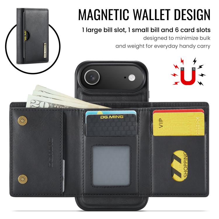 DG.MING M6 Series RFID Tri-fold Card Bag Custodia per telefono in pelle rimovibile, For iPhone Air, For iPhone 16 Pro Max, For iPhone 16 Pro, For iPhone 16 Plus