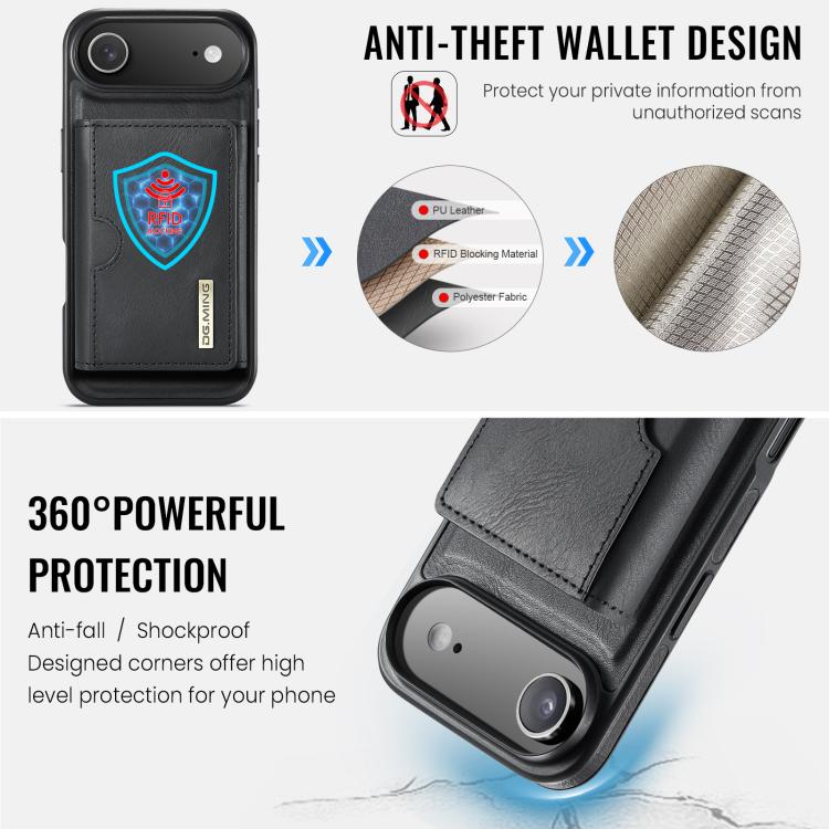 DG.MING M6 Series RFID Tri-fold Card Bag Custodia per telefono in pelle rimovibile, For iPhone Air, For iPhone 16 Pro Max, For iPhone 16 Pro, For iPhone 16 Plus