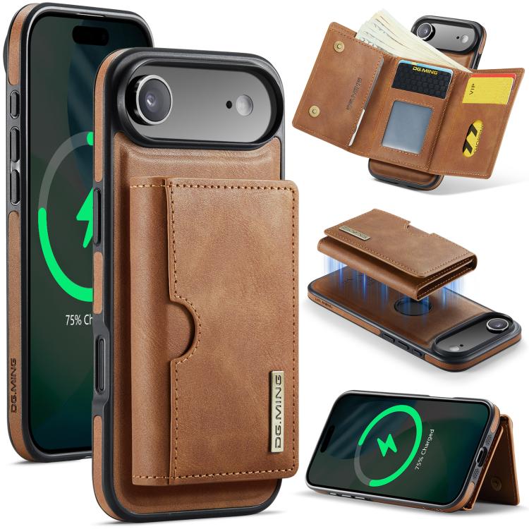 DG.MING M6 Series RFID Tri-fold Card Bag Custodia per telefono in pelle rimovibile, For iPhone Air, For iPhone 16 Pro Max, For iPhone 16 Pro, For iPhone 16 Plus