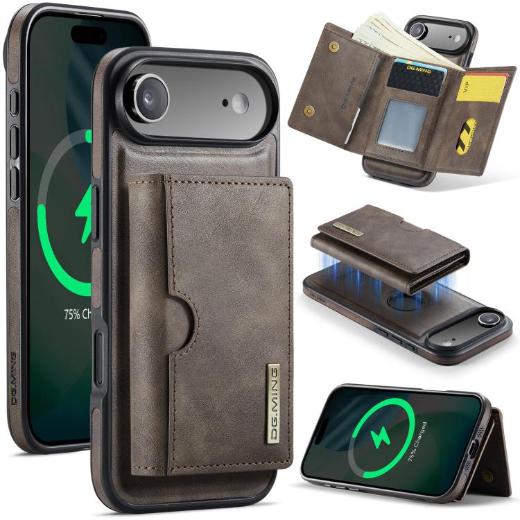 DG.MING M6 Series RFID Tri-fold Card Bag Custodia per telefono in pelle rimovibile, For iPhone Air, For iPhone 16 Pro Max, For iPhone 16 Pro, For iPhone 16 Plus