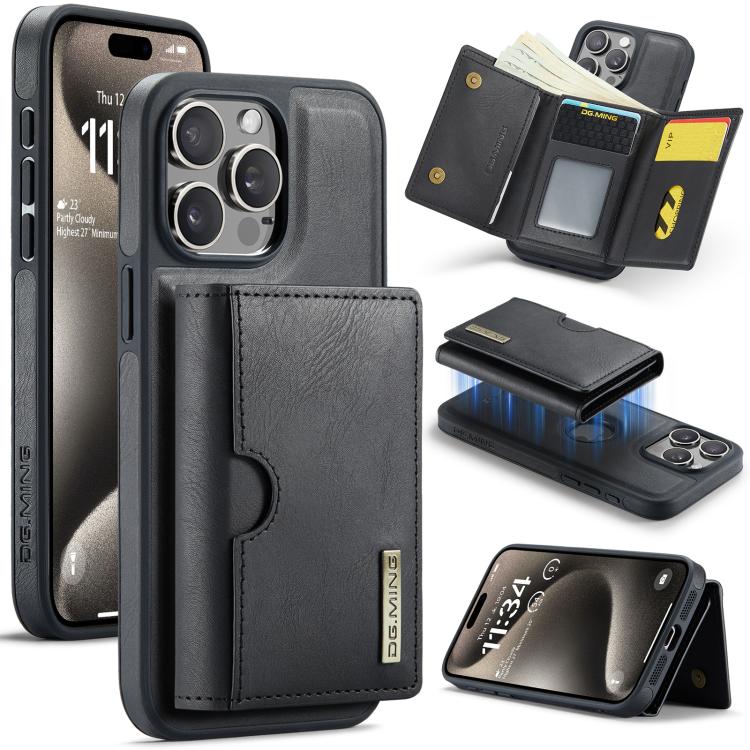 DG.MING M6 Series RFID Tri-fold Card Bag Custodia per telefono in pelle rimovibile, For iPhone 16, For iPhone 15 Pro Max, For iPhone 15 Pro, For iPhone 15 Plus