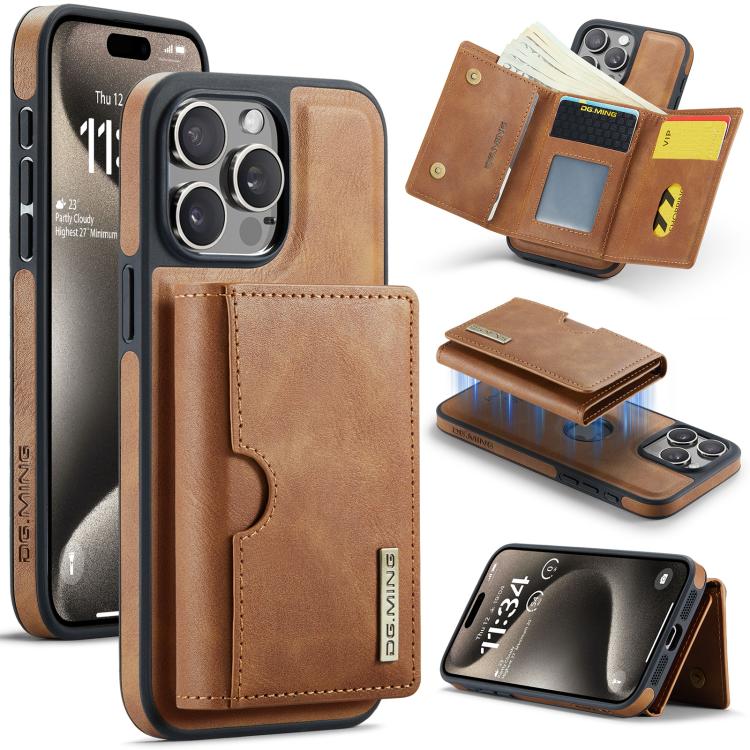 DG.MING M6 Series RFID Tri-fold Card Bag Custodia per telefono in pelle rimovibile, For iPhone 16, For iPhone 15 Pro Max, For iPhone 15 Pro, For iPhone 15 Plus