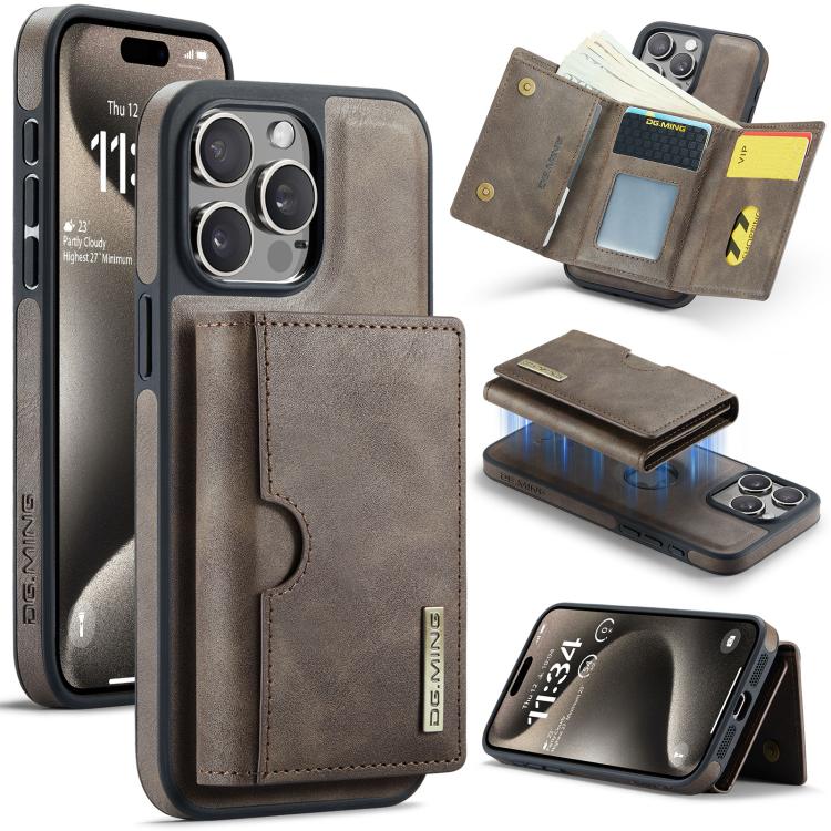 DG.MING M6 Series RFID Tri-fold Card Bag Custodia per telefono in pelle rimovibile, For iPhone 16, For iPhone 15 Pro Max, For iPhone 15 Pro, For iPhone 15 Plus
