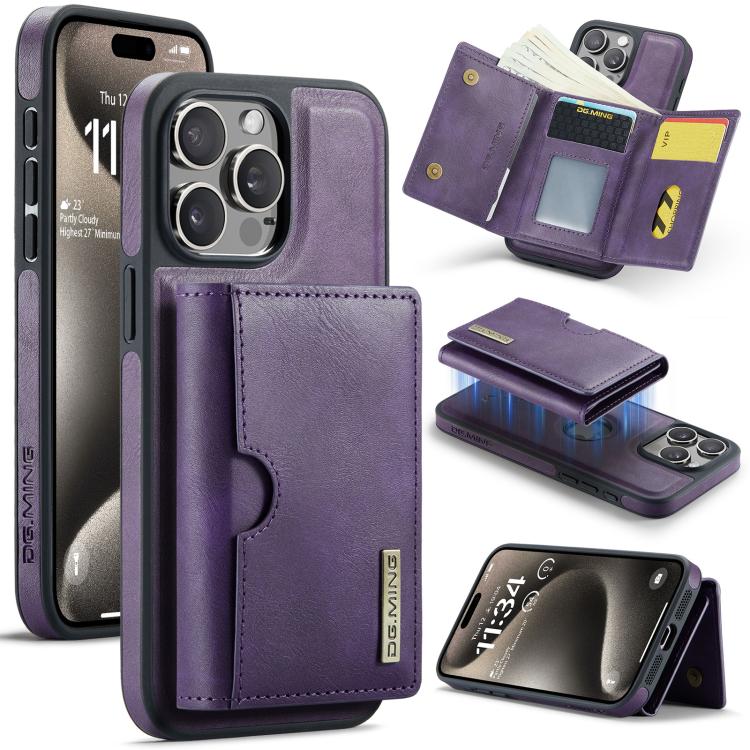 DG.MING M6 Series RFID Tri-fold Card Bag Custodia per telefono in pelle rimovibile, For iPhone 16, For iPhone 15 Pro Max, For iPhone 15 Pro, For iPhone 15 Plus
