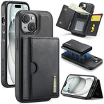 DG.MING M6 Series RFID Tri-fold Card Bag Custodia per telefono in pelle rimovibile, For iPhone 16, For iPhone 15 Pro Max, For iPhone 15 Pro, For iPhone 15 Plus