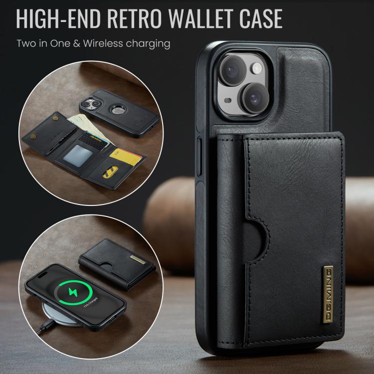 DG.MING M6 Series RFID Tri-fold Card Bag Custodia per telefono in pelle rimovibile, For iPhone 15, For iPhone 14 Plus, For iPhone 14, For iPhone 14 Pro
