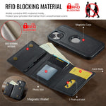 DG.MING M6 Series RFID Tri-fold Card Bag Custodia per telefono in pelle rimovibile, For iPhone 15, For iPhone 14 Plus, For iPhone 14, For iPhone 14 Pro