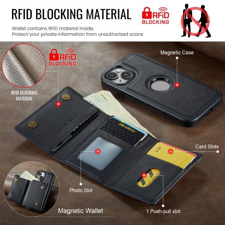 DG.MING M6 Series RFID Tri-fold Card Bag Custodia per telefono in pelle rimovibile, For iPhone 15, For iPhone 14 Plus, For iPhone 14, For iPhone 14 Pro