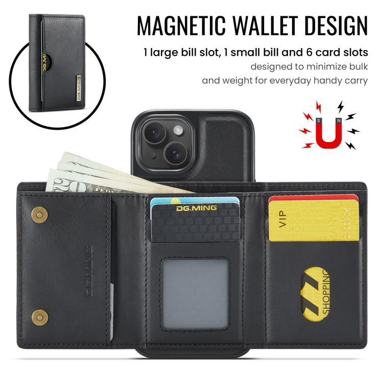 DG.MING M6 Series RFID Tri-fold Card Bag Custodia per telefono in pelle rimovibile, For iPhone 15, For iPhone 14 Plus, For iPhone 14, For iPhone 14 Pro
