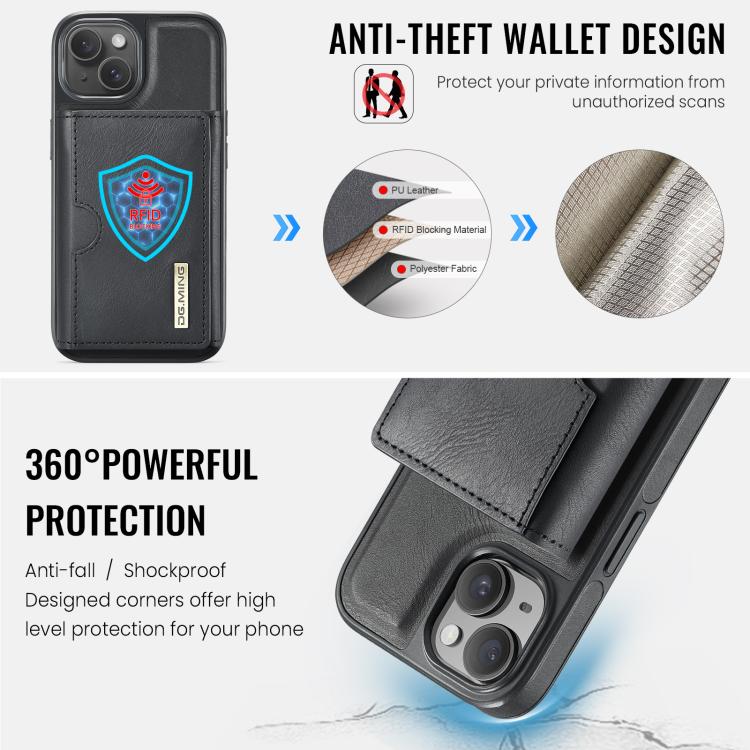 DG.MING M6 Series RFID Tri-fold Card Bag Custodia per telefono in pelle rimovibile, For iPhone 15, For iPhone 14 Plus, For iPhone 14, For iPhone 14 Pro