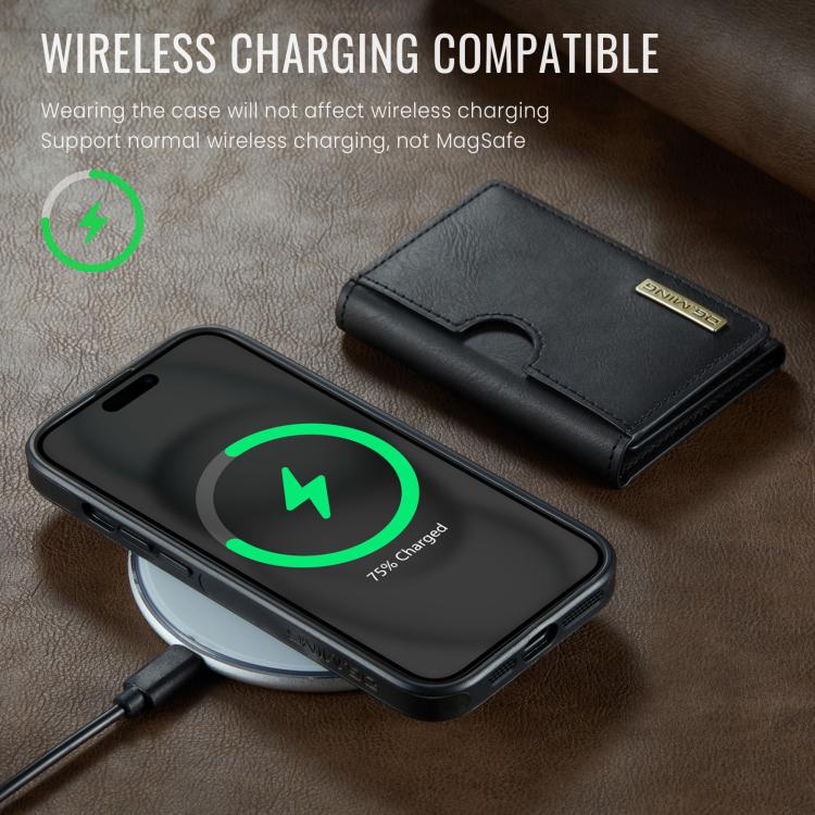 DG.MING M6 Series RFID Tri-fold Card Bag Custodia per telefono in pelle rimovibile, For iPhone 15, For iPhone 14 Plus, For iPhone 14, For iPhone 14 Pro