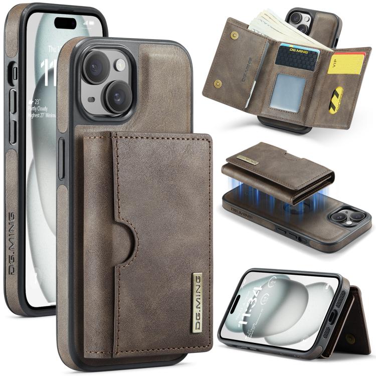 DG.MING M6 Series RFID Tri-fold Card Bag Custodia per telefono in pelle rimovibile, For iPhone 15, For iPhone 14 Plus, For iPhone 14, For iPhone 14 Pro