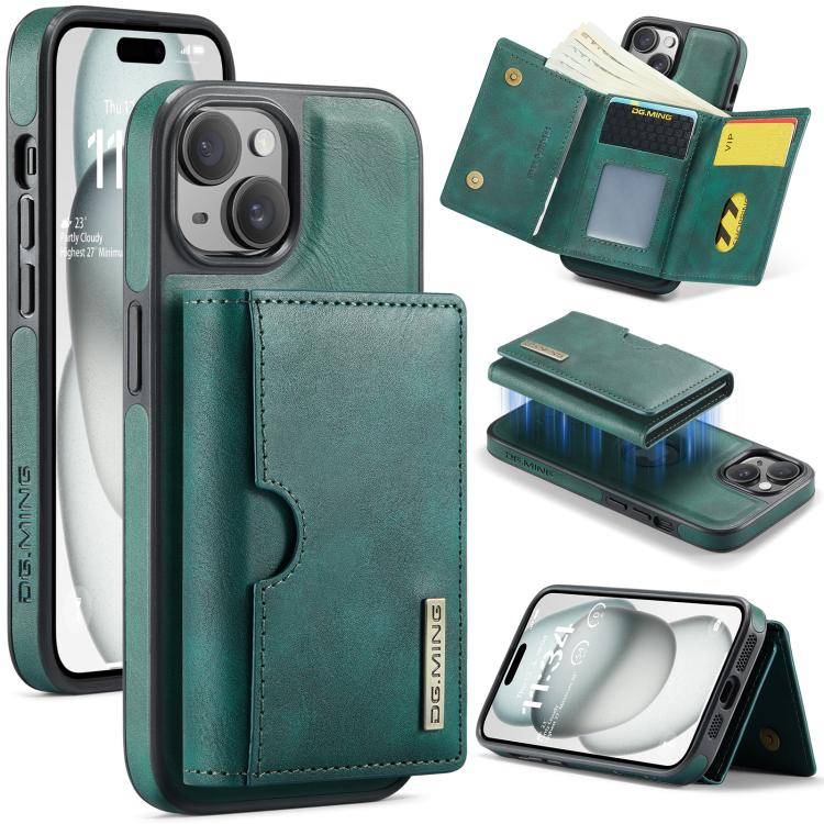 DG.MING M6 Series RFID Tri-fold Card Bag Custodia per telefono in pelle rimovibile, For iPhone 15, For iPhone 14 Plus, For iPhone 14, For iPhone 14 Pro