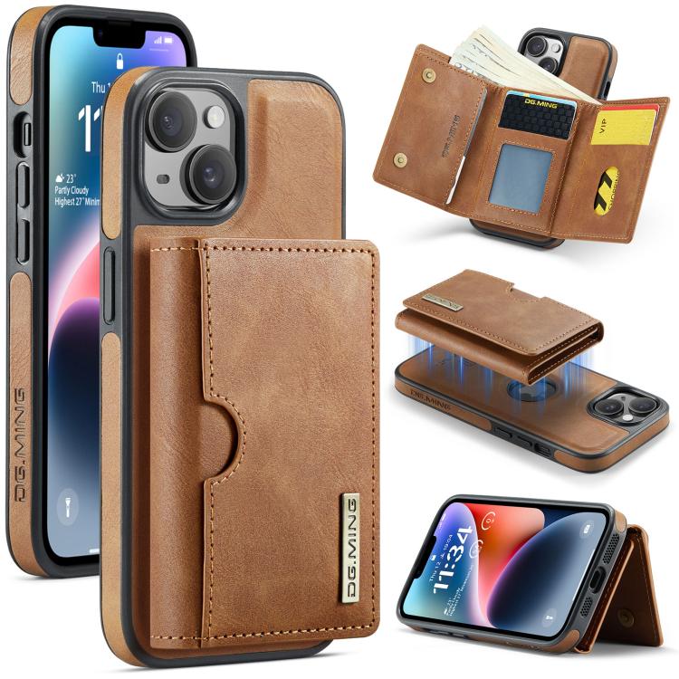 DG.MING M6 Series RFID Tri-fold Card Bag Custodia per telefono in pelle rimovibile, For iPhone 15, For iPhone 14 Plus, For iPhone 14, For iPhone 14 Pro