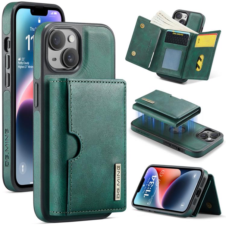 DG.MING M6 Series RFID Tri-fold Card Bag Custodia per telefono in pelle rimovibile, For iPhone 15, For iPhone 14 Plus, For iPhone 14, For iPhone 14 Pro