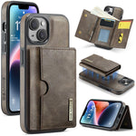 DG.MING M6 Series RFID Tri-fold Card Bag Custodia per telefono in pelle rimovibile, For iPhone 15, For iPhone 14 Plus, For iPhone 14, For iPhone 14 Pro