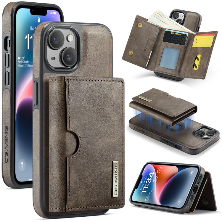 DG.MING M6 Series RFID Tri-fold Card Bag Custodia per telefono in pelle rimovibile, For iPhone 15, For iPhone 14 Plus, For iPhone 14, For iPhone 14 Pro