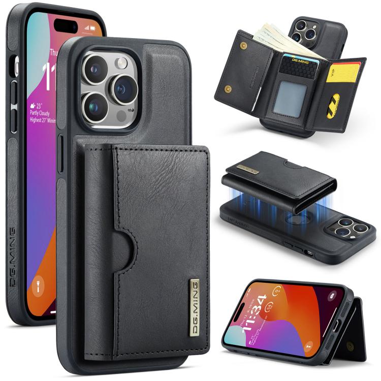DG.MING M6 Series RFID Tri-fold Card Bag Custodia per telefono in pelle rimovibile, For iPhone 15, For iPhone 14 Plus, For iPhone 14, For iPhone 14 Pro