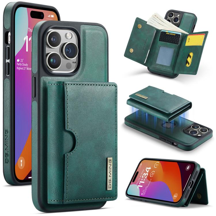 DG.MING M6 Series RFID Tri-fold Card Bag Custodia per telefono in pelle rimovibile, For iPhone 15, For iPhone 14 Plus, For iPhone 14, For iPhone 14 Pro