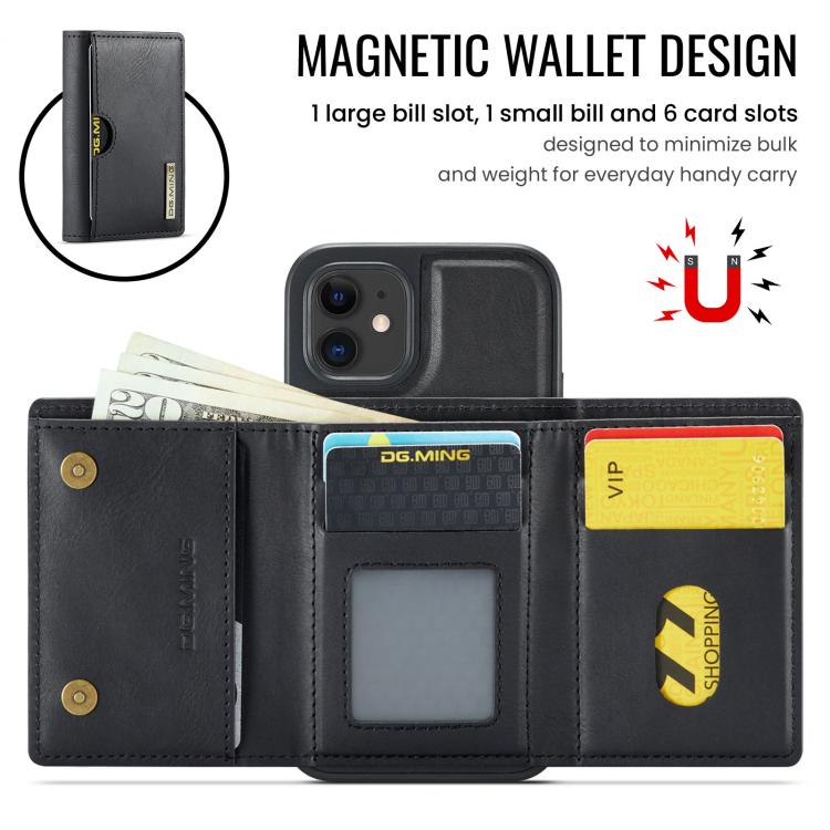 DG.MING M6 Series RFID Tri-fold Card Bag Custodia per telefono in pelle rimovibile, For iPhone 12, For iPhone 12 Pro Max, For iPhone 12 Pro, For iPhone 11 Pro Max