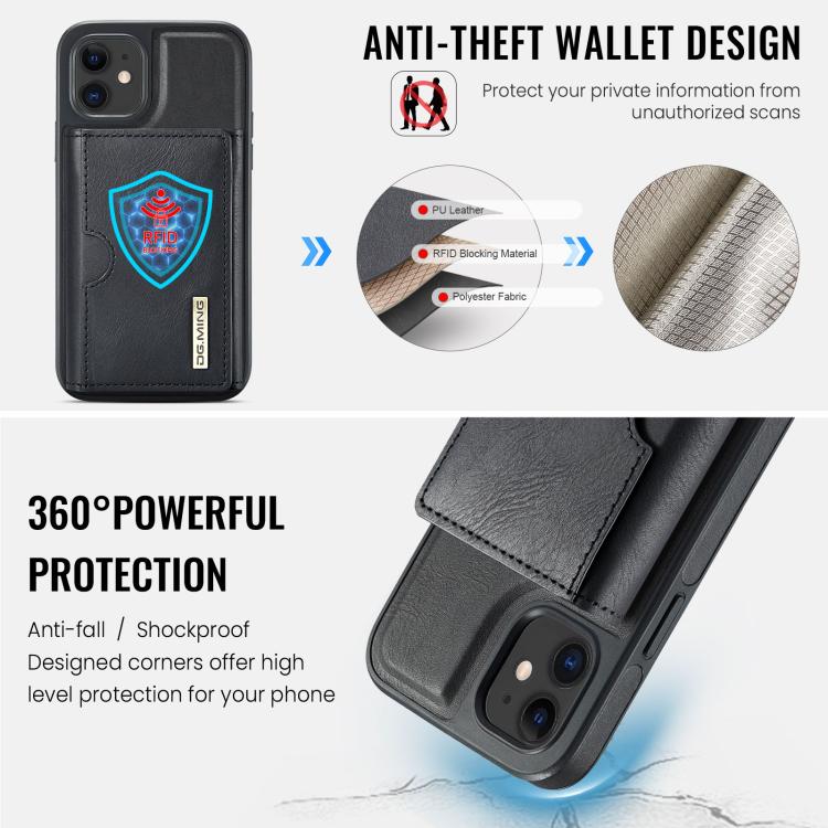 DG.MING M6 Series RFID Tri-fold Card Bag Custodia per telefono in pelle rimovibile, For iPhone 12, For iPhone 12 Pro Max, For iPhone 12 Pro, For iPhone 11 Pro Max