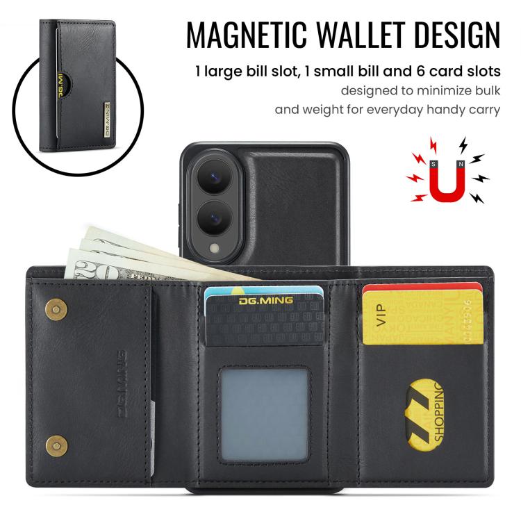 DG.MING M6 Series RFID Tri-fold Card Bag Custodia per telefono in pelle rimovibile, For Samsung Galaxy S25 Edge 5G, For Samsung Galaxy S25 5G, For Samsung Galaxy S25+ 5G, For Samsung Galaxy S25 Ultra 5G