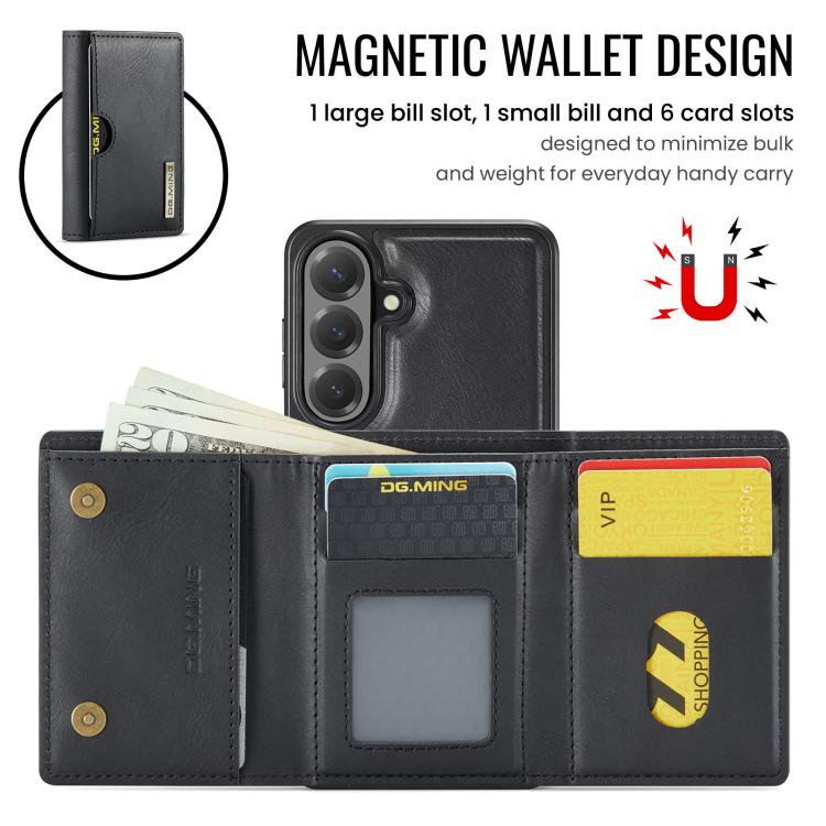 DG.MING M6 Series RFID Tri-fold Card Bag Custodia per telefono in pelle rimovibile, For Samsung Galaxy S26+ 5G, For Samsung Galaxy S26 Ultra 5G, For Samsung Galaxy S26 5G, For Samsung Galaxy S25 FE 5G