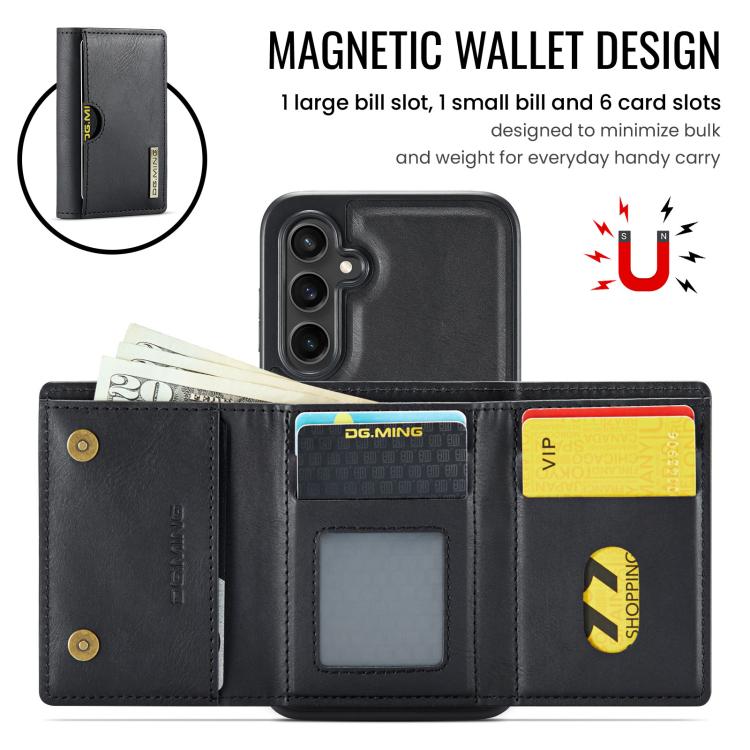 DG.MING M6 Series RFID Tri-fold Card Bag Custodia per telefono in pelle rimovibile, For Samsung Galaxy S24 FE 5G, For Samsung Galaxy S24 Ultra 5G, For Samsung Galaxy S24+ 5G, For Samsung Galaxy S24 5G