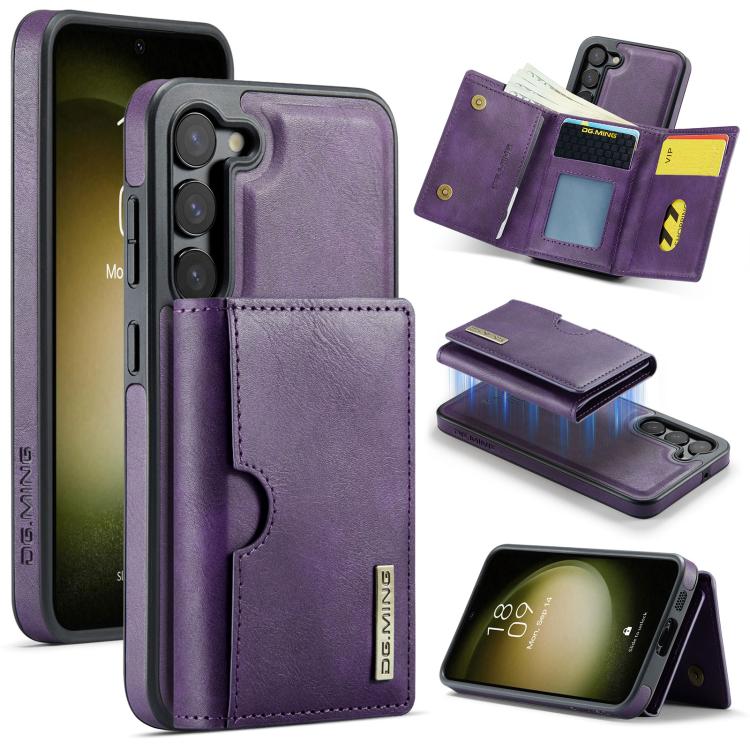 DG.MING M6 Series RFID Tri-fold Card Bag Custodia per telefono in pelle rimovibile, For Samsung Galaxy S23 FE 5G, For Samsung Galaxy S23 Ultra 5G, For Samsung Galaxy S23+ 5G, For Samsung Galaxy S23 5G
