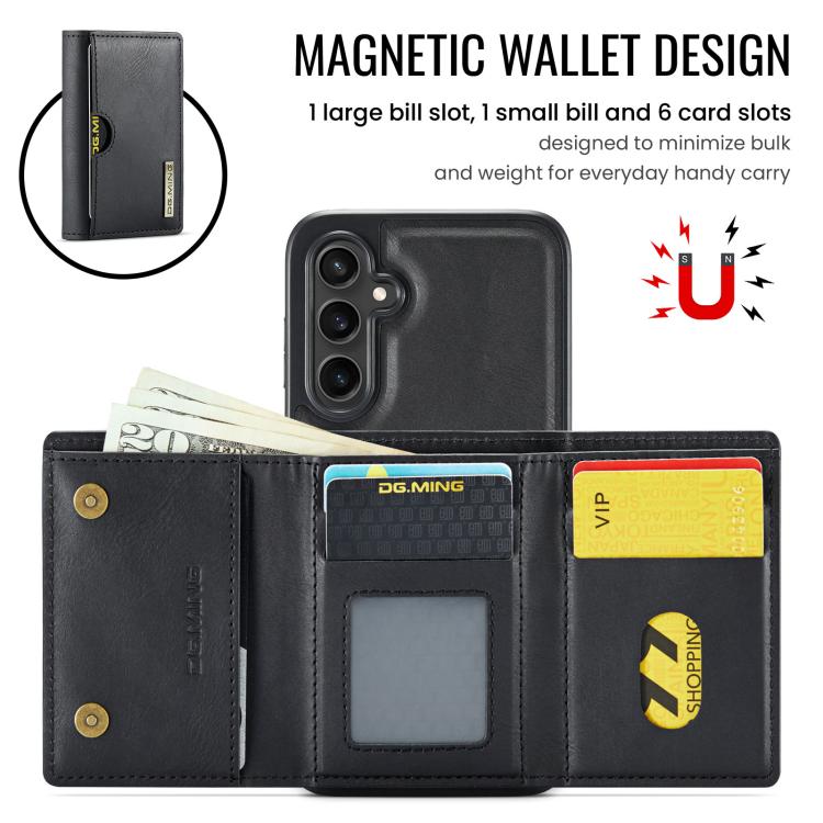 DG.MING M6 Series RFID Tri-fold Card Bag Custodia per telefono in pelle rimovibile, For Samsung Galaxy S23 FE 5G, For Samsung Galaxy S23 Ultra 5G, For Samsung Galaxy S23+ 5G, For Samsung Galaxy S23 5G