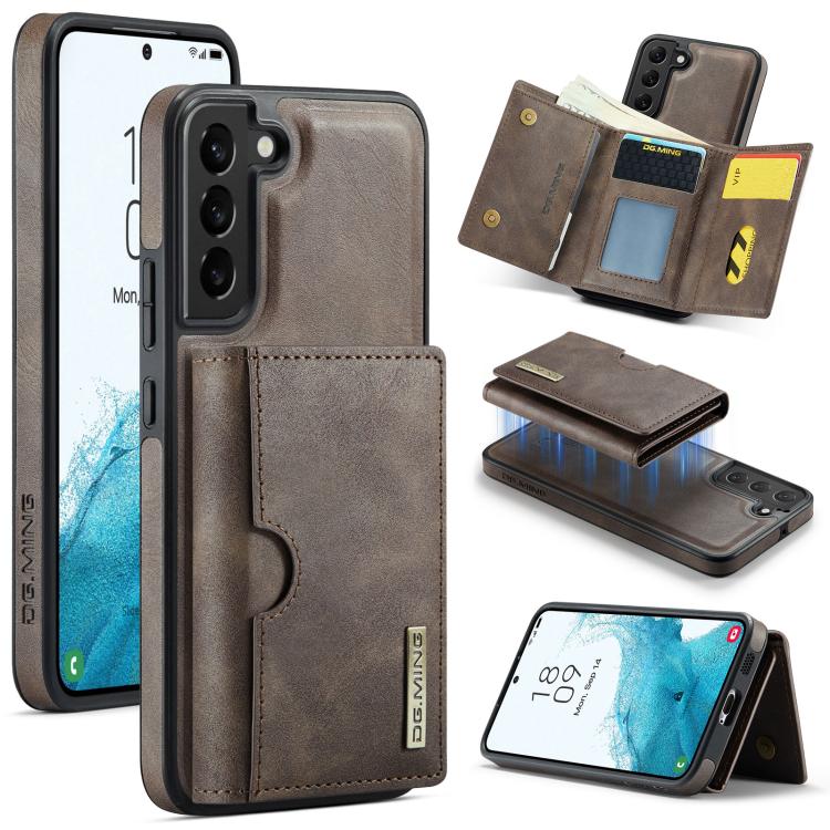 DG.MING M6 Series RFID Tri-fold Card Bag Custodia per telefono in pelle rimovibile, For Samsung Galaxy S22 Ultra 5G, For Samsung Galaxy S22+ 5G, For Samsung Galaxy S22 5G
