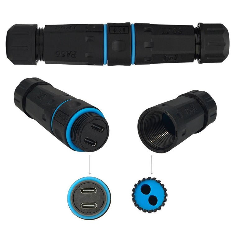 Adattatore accoppiatore impermeabile per esterni M20 con connettore dritto impermeabile tipo C a due porte da 10 Gpbs, Dual Ports Type-C Coupler