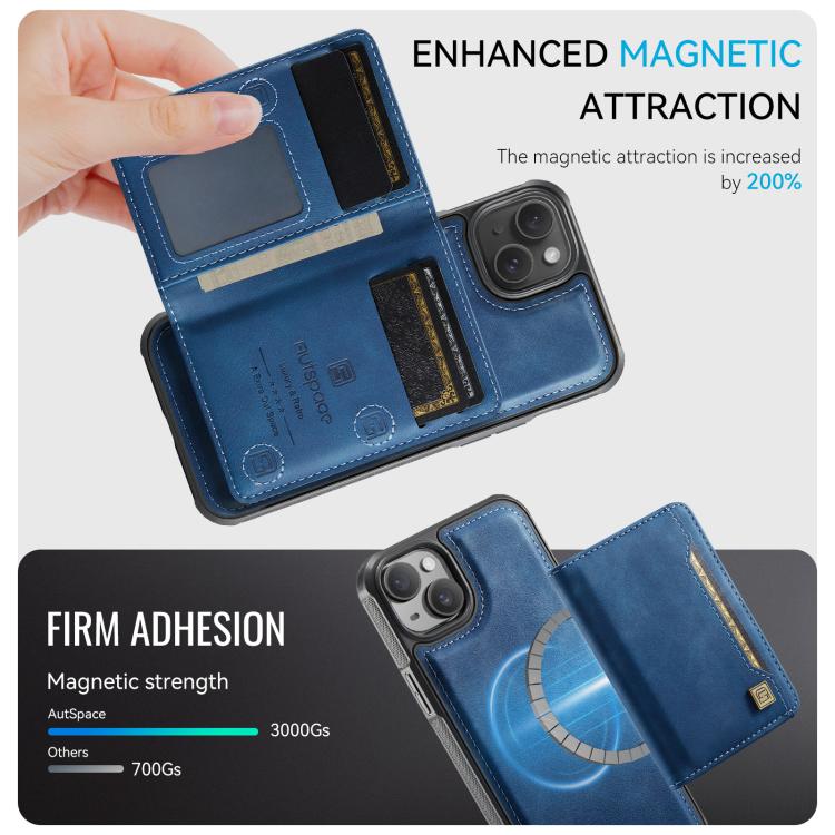 AutSpace A13 MagSafe Magnetic RFID Flip Card Bag Custodia per telefono, For iPhone 15 Plus, For iPhone 15, For iPhone 14 Plus, For iPhone 14