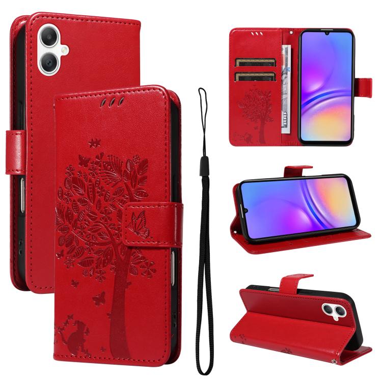 Custodia per telefono in pelle con motivo in rilievo albero e gatto, For Galaxy A27 5G, For Samsung Galaxy A07 5G
