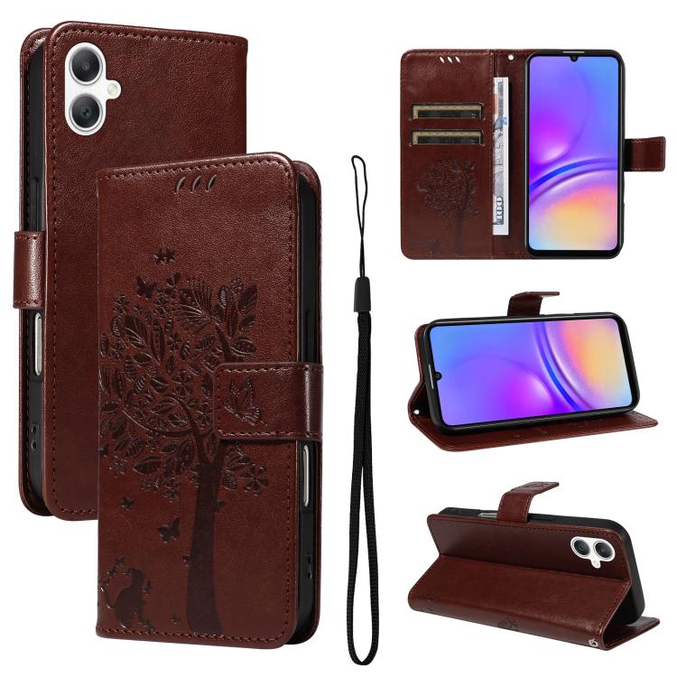 Custodia per telefono in pelle con motivo in rilievo albero e gatto, For Galaxy A27 5G, For Samsung Galaxy A07 5G