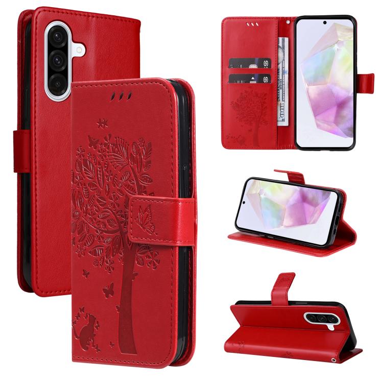 Custodia per telefono in pelle con motivo in rilievo albero e gatto, For Samsung Galaxy A56 5G, For Samsung Galaxy A26 5G Global