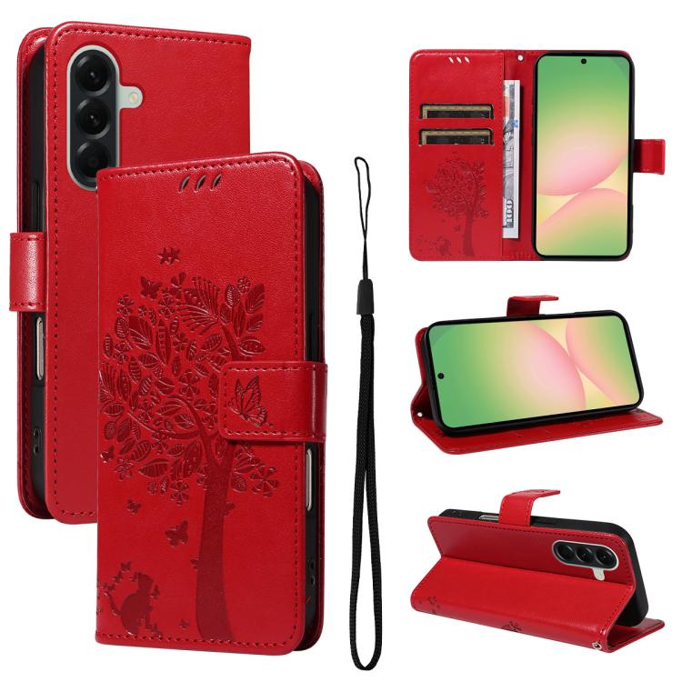 Custodia per telefono in pelle con motivo in rilievo albero e gatto, For Samsung Galaxy A57 5G, For Samsung Galaxy A37 5G