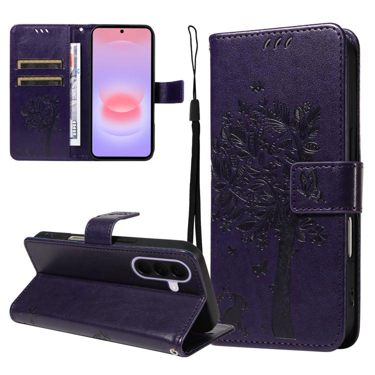 Custodia per telefono in pelle con motivo in rilievo albero e gatto, For Galaxy A27 5G, For Samsung Galaxy A07 5G