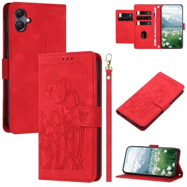 Custodia per telefono in pelle goffrata con tulipani e cordino, For Samsung Galaxy A16 5G / 4G, For Samsung Galaxy A06 4G, For Samsung Galaxy A15 5G / 4G, For Samsung Galaxy A55 5G