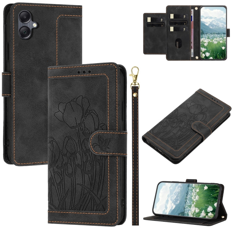 Custodia per telefono in pelle goffrata con tulipani e cordino, For Samsung Galaxy A16 5G / 4G, For Samsung Galaxy A06 4G, For Samsung Galaxy A15 5G / 4G, For Samsung Galaxy A55 5G