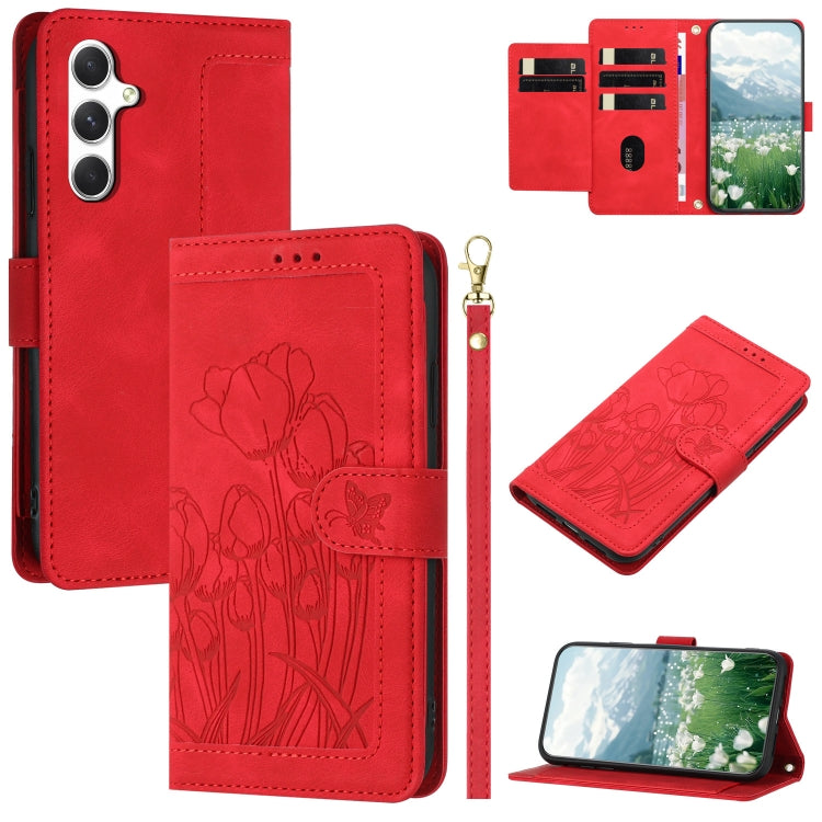 Custodia per telefono in pelle goffrata con tulipani e cordino, For Samsung Galaxy A16 5G / 4G, For Samsung Galaxy A06 4G, For Samsung Galaxy A15 5G / 4G, For Samsung Galaxy A55 5G