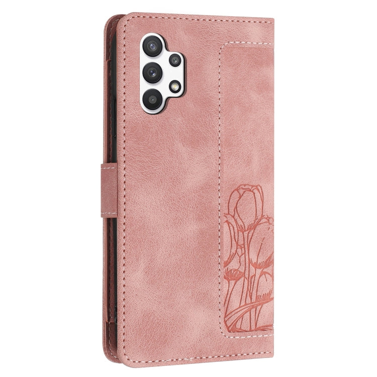 Custodia per telefono in pelle goffrata con tulipani e cordino, For Samsung Galaxy A32 5G