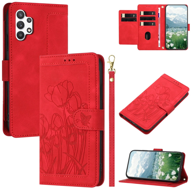 Custodia per telefono in pelle goffrata con tulipani e cordino, For Samsung Galaxy A32 5G