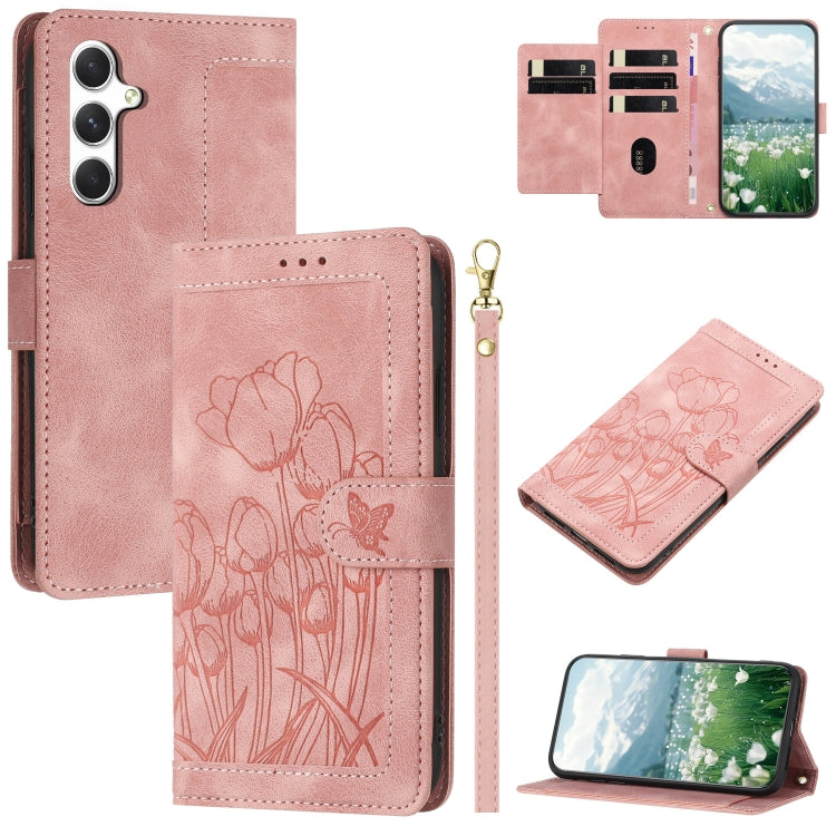 Custodia per telefono in pelle goffrata con tulipani e cordino, For Samsung Galaxy A24 4G, For Samsung Galaxy A23 5G / 4G, For Samsung Galaxy A14 5G / 4G, For Samsung Galaxy A34 5G