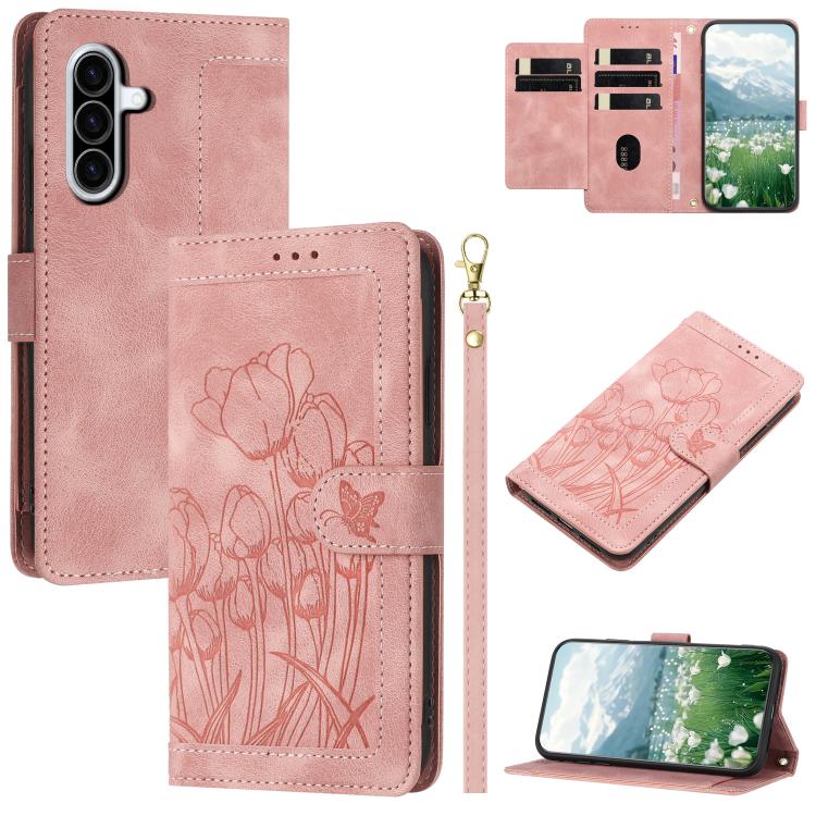 Custodia per telefono in pelle goffrata con tulipani e cordino, For Samsung Galaxy A27 5G, For Samsung Galaxy A56 5G, For Samsung Galaxy A26 5G, For Samsung Galaxy A36 5G