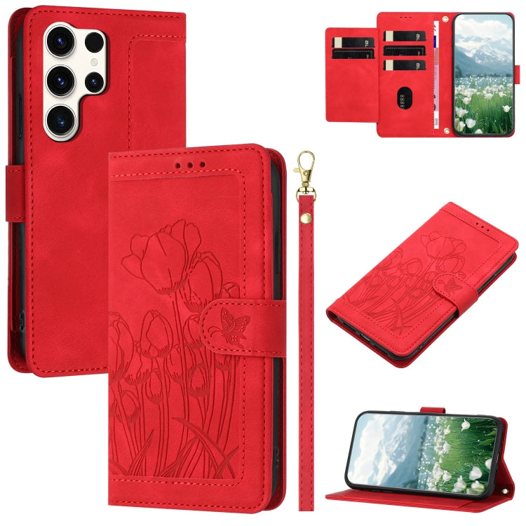 Custodia per telefono in pelle goffrata con tulipani e cordino, For Samsung Galaxy S25+ 5G, For Samsung Galaxy S25 Ultra 5G, For Samsung Galaxy S24 FE 5G, For Samsung Galaxy S24 Ultra 5G