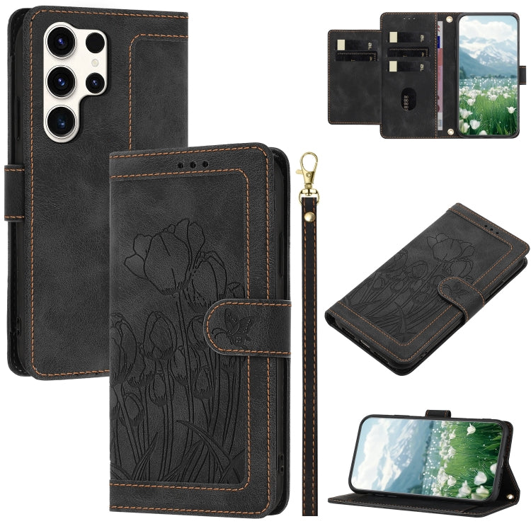 Custodia per telefono in pelle goffrata con tulipani e cordino, For Samsung Galaxy S25+ 5G, For Samsung Galaxy S25 Ultra 5G, For Samsung Galaxy S24 FE 5G, For Samsung Galaxy S24 Ultra 5G